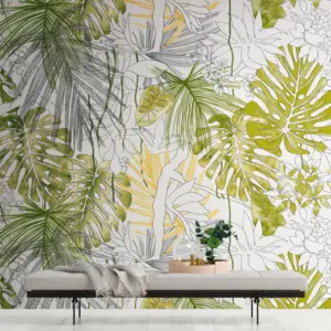 Livingwalls Vinyltapete - 382321 - Grün Weiß Dschungeltapete