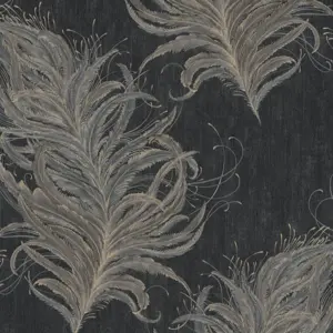 Livingwalls Vinyltapete - 380094 - Schwarz Gold Tapete mit Federn