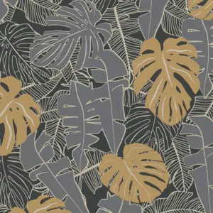Livingwalls Vliestapete - 389051 - Schwarz Gold Palmentapete