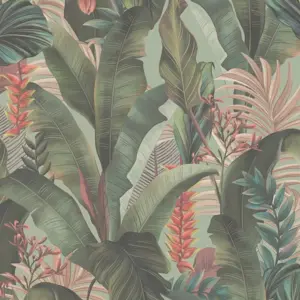 Livingwalls Vinyltapete - 394353 - Grün Rosa Dschungeltapete